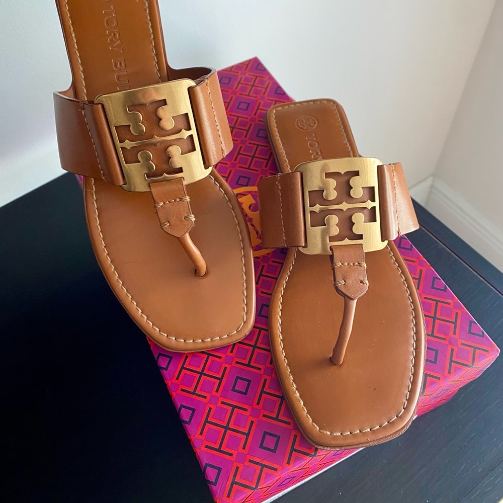 Tory Burch Brown Sandals with Gold Emblem
